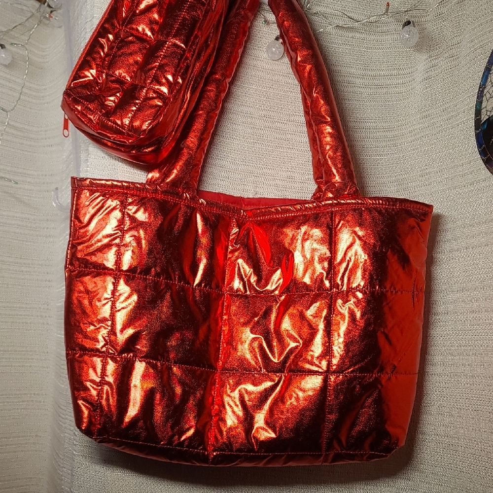 Metallic Shiny Red Puffer Tote Bag & Matching Accessory Bag, Bundle Nwt